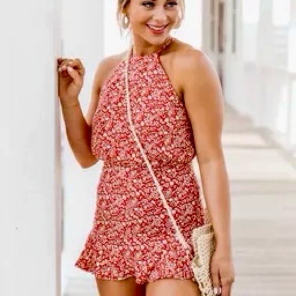 Pink Lily Halter Cross-Back Open Back Romper - Picture 1 of 11